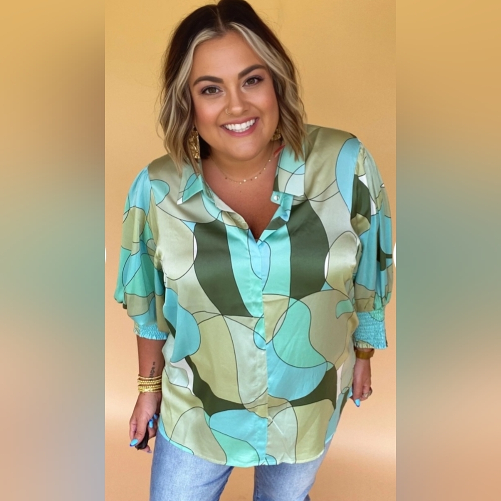 First Love Blouse, Size 1X, Abstract Print, Blue Green, Silky